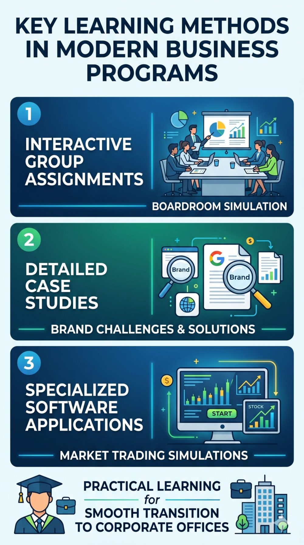A portrait infographic illustrating key modern teaching methods like boardroom simulations, brand case studies, and trading software.