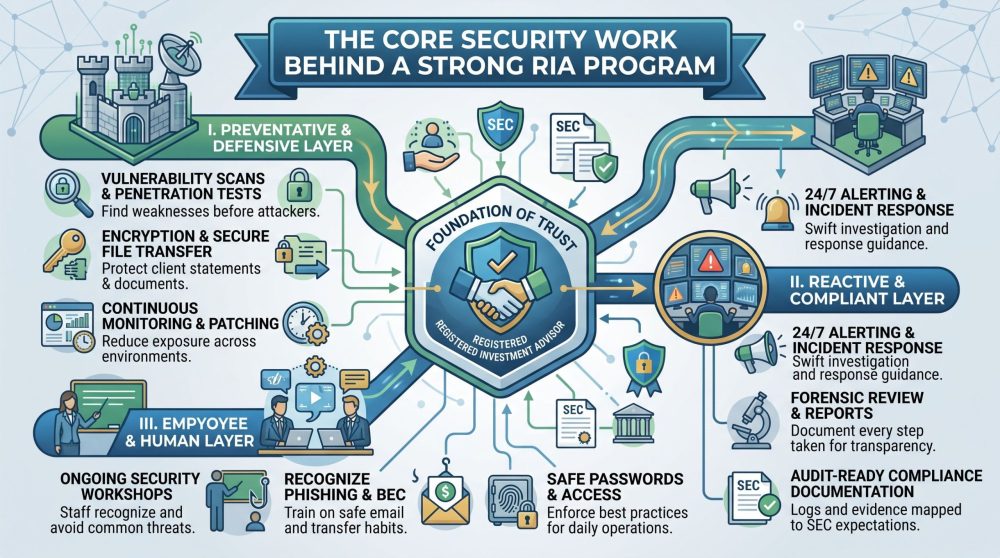 A modern 16:9 infographic illustrating the three main pillars of core cybersecurity work: Preventative Defensive Layer, Reactive & Compliant Layer, and Human Education.