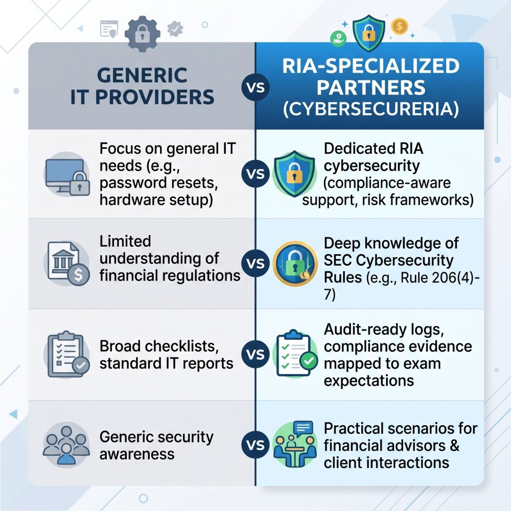 A 1:1 square comparison matrix showing differences between Generic IT Providers and RIA-Specialized Partners across four key areas in a clean flat design.