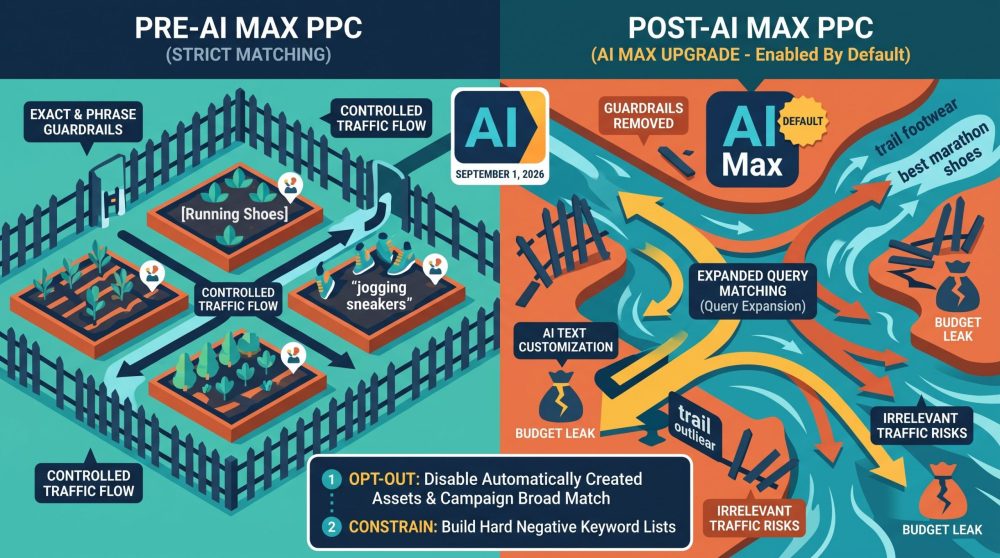 16:9 infographic comparing pre-AI Max strict keyword matching with post-AI Max query expansion and budget risks.