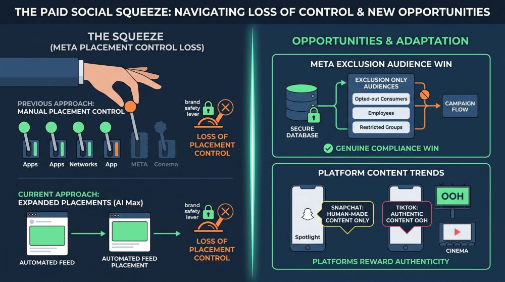 16:9 infographic comparing Meta loss of placement control with new exclusion audiences and content trends.